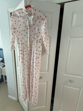 White Maxi Dress with Pink Heart Print — Lightweight Button-Front Maxi